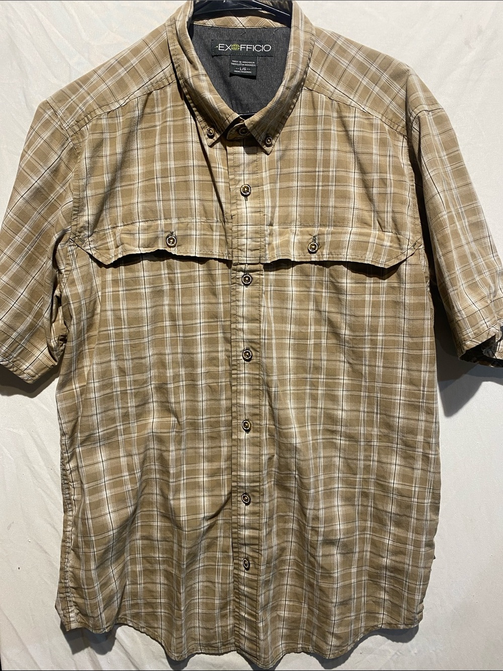 Exofficio Men's Short-Sleeve Plaid Button-Down Shirt in Khaki
